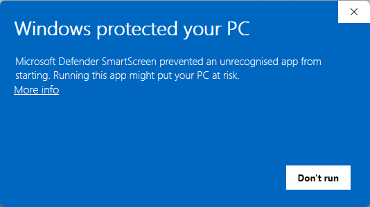Windows SmartScreen dialog with the More info link circled