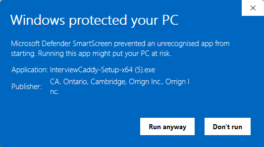 Expanded dialog showing Publisher: Orrign Inc and the Run anyway button